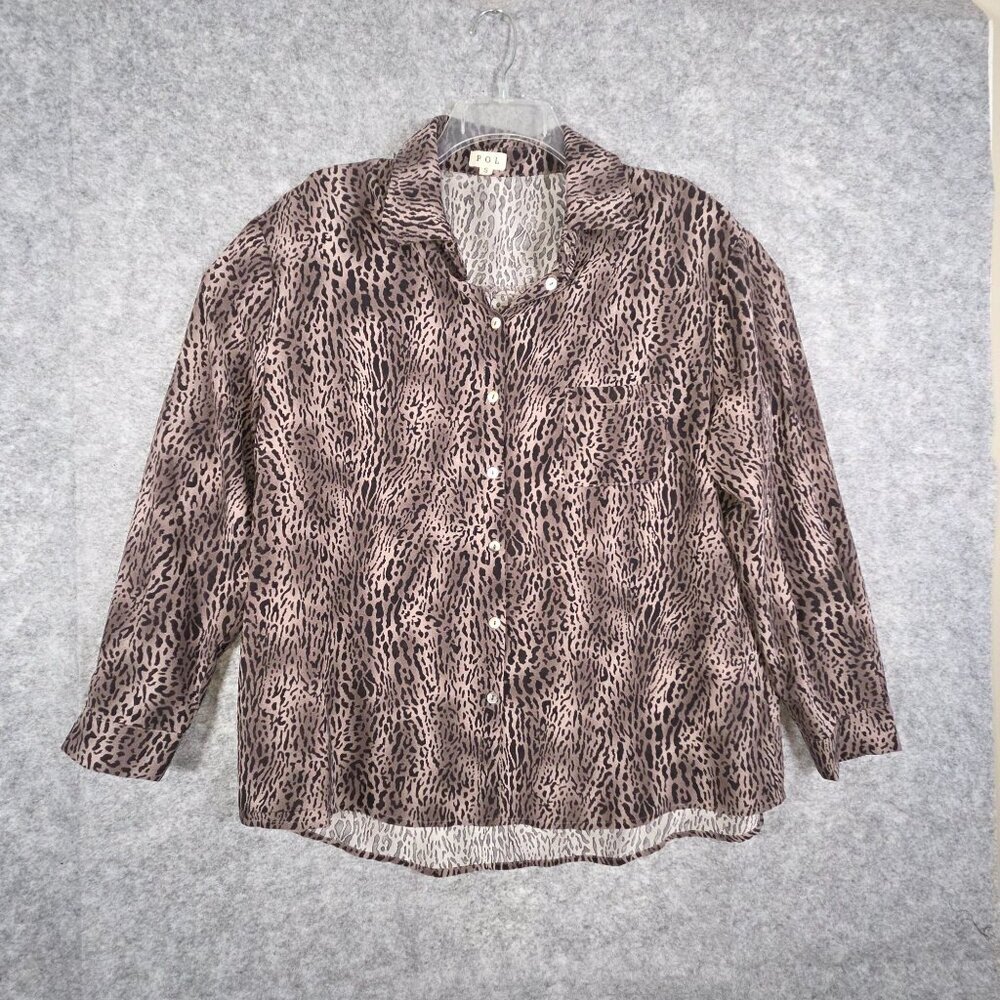 Pol Women's Blouse Button Up Long Sleeve Leopard Print Size S Office Relaxed Fit